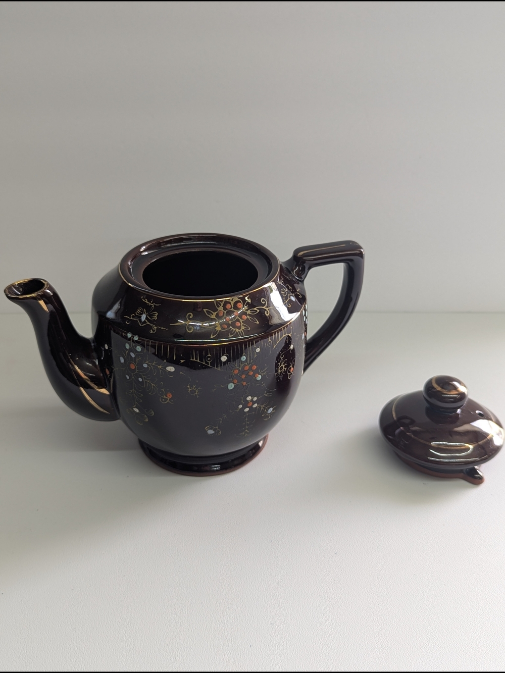 Vintage Hand Painted Brown Ceramic Teapot Floral Gold Cottagecore Tea Pot